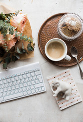 Feminine tabletop, home office with flowers