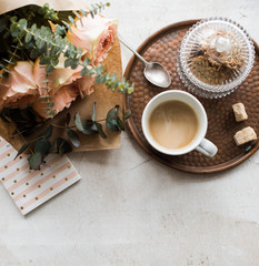 Feminine tabletop, home office with flowers