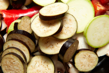  fresh raw vegetables red paprika, eggplant, vegetable marrow, tomato