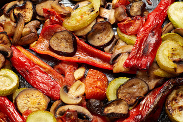 baked or grilled vegetables mushrooms and red paprika, eggplant, vegetable marrow, tomato