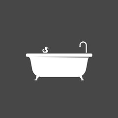 Bathtub icon and bath rubber duck icon isolated on dark background. Bath time vector illustration