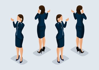 Trend Isometric People Set 2, 3D business woman in business suits, people's gestures, a front view and rear view isolated on a light background. Vector illustration