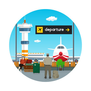 Icon Airport , View on Airplane and Control Tower through the Window from a Waiting Room with People , Scoreboard Departure at Airport, Travel Concept, Flat Design, Vector Illustration