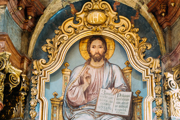 Obraz premium Prague, Czech Republic. Interior Of Baroque Church Of St. Nicholas - Old Town Square In Prague, Czech Republic. The fresco depicting Jesus with an open book.