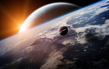 Sunrise over distant planet system in space 3D rendering elements of this image furnished by NASA