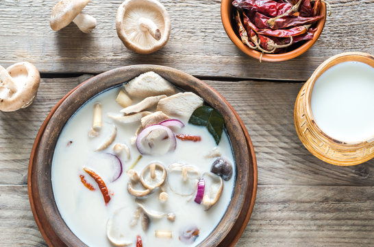 Bowl of thai tom kha kai soup