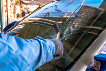 Broken car windshield.