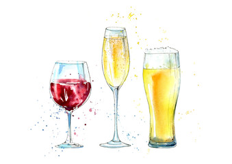 Glass of a champagne, beer and wine. Picture of a alcoholic drink.Watercolor hand drawn illustration. - 138741289