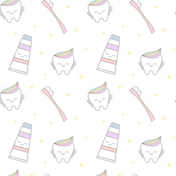 Cute Cartoon Tooth With Rainbow Toothpaste And Pink Tooth Brush Seamless Vector Pattern Background Illustration

