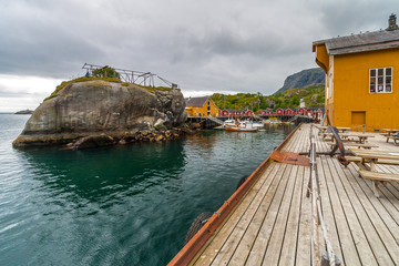 Summer day in the old traditional fishing village Nusfjord. Lofoten, Norway.