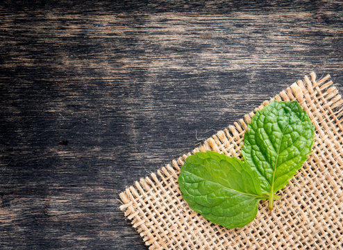 Pepper mint leaves on wood background,top view