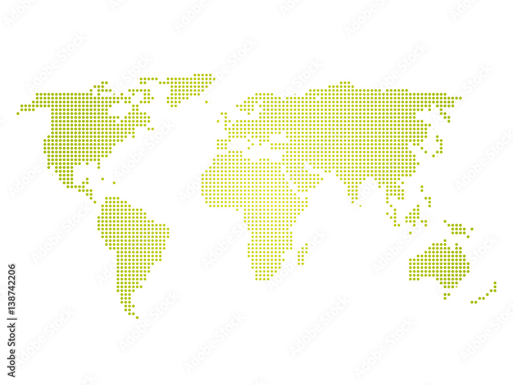 Poster green halftone world map of small dots in linear arrangement. simple flat vector illustration on whi