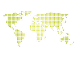 Green halftone world map of small dots in linear arrangement. Simple flat vector illustration on white background.