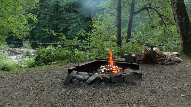 Campfire starting in fire pit at campground in the Pacific Northwest, Oregon wilderness state park.