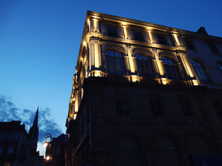 Buildings and Church Tower by night in Pau