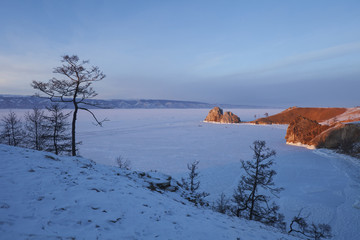 Olkhon island. Shamanka rock.Sunset landscape. Lake Baikal
