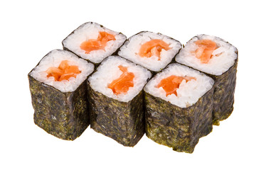 rolls with salmon on a white background