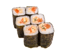 rolls with fish and avocado on a white background