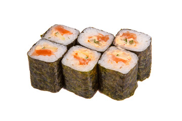 rolls with fish and avocado on a white background