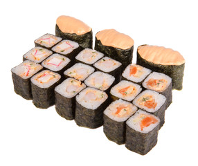 set several kinds of rolls and sushi with fish