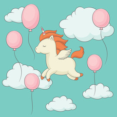 Unicorn with wings flying in the sky