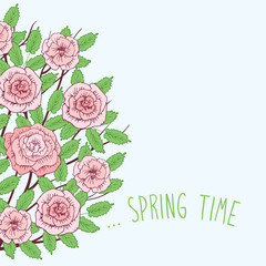 Blooming spring tree with hand drawn pink flowers. Elements for your design. Vector illustration.