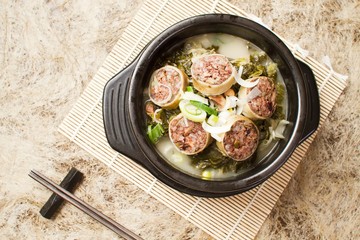 Cabbage and Korean Sausage and Rice Soup.  ugeoji sundae gukbap.