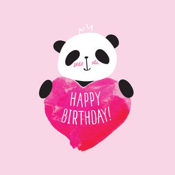 Greeting card with little cute panda and pink heart. Happy Birthday. Doodles, sketch for your design. Vector illustration