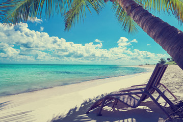 Tropical white sandy beach with palm trees. Cross processed. Instagram filter. Punta Cana, Dominican Republic