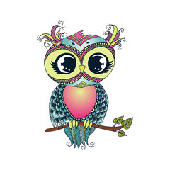 Cute colorful cartoon owl sitting on tree branch