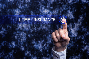 Business hand clicking life insurance button.