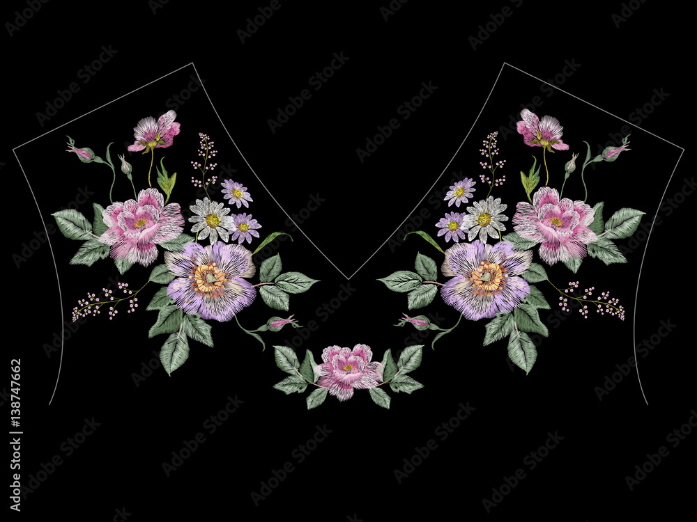 Wall mural embroidery colorful ethnic neck line floral pattern with roses and chamomiles. vector symmetric trad