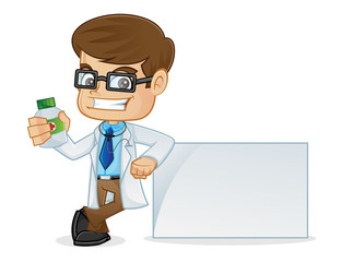 Doctor Holding Medicine Bottle and Leaning on a Blank Sign