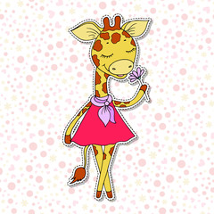Cute giraffe with closed eyes in pink dress