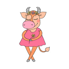 Cute cow with closed eyes in pink dress