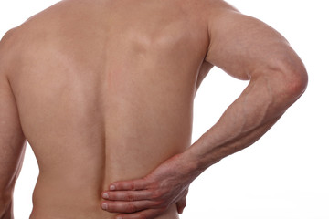 Sport injury, Man with back pain. Pain relief and health care concept isolated on white.