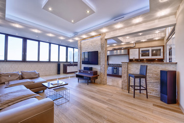 Russia, Moscow - modern designer renovation in a luxury building. The interior of the living room