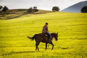 Girl with a blue and red mapped shirt with a horse in Slovakia
