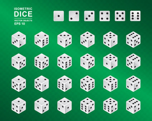 Vector illustration. Six sided Isometric Dice in all possible turns on green checkered background