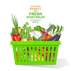 Vector realistic illustration. Colorful fresh organic vegetables and herbs in green shopping basket isolated on white background. Healthy food