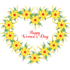 March 8. Heart of flowers and mimosa. Women's Day.