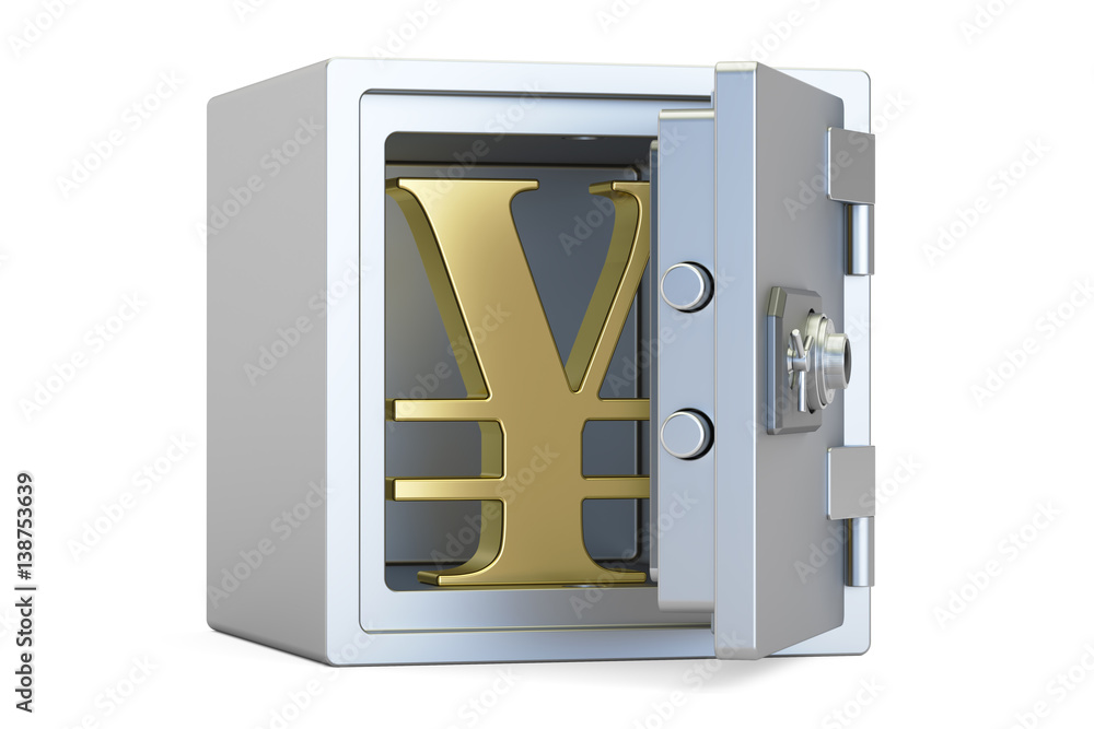 Poster combination safe box with symbol of yen or yuan, 3d rendering