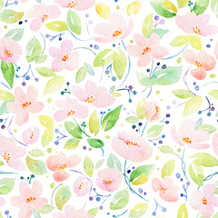 Seamless pattern with  lovely pink flowers. Watercolor illustration. Composition with floral elements.