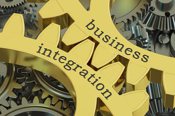 business integration concept on the gearwheels, 3D rendering