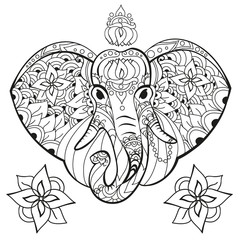 Elephant in doodle style. Coloring page anti-stress for adults and children. Animals Zen.