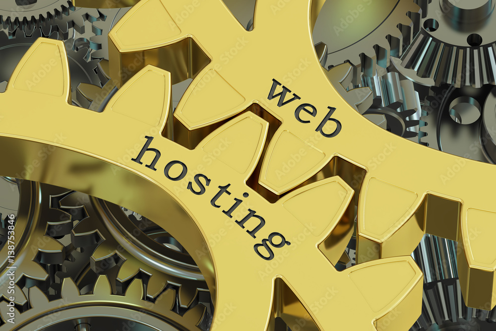 Aufkleber web hosting concept on the gearwheels, 3d rendering
