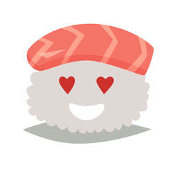 Sashimi in love emoji vector illustration. Cute sushi emoticon icon. Sashimil with kiss funny sticker, flat cartoon style. Isolated emoticon on white background