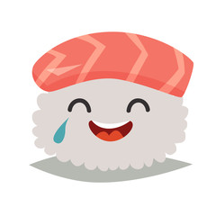 Sashimi laughing emoji vector illustration. Cute sushi emoticon icon. Sashimil whith salmon funny sticker, flat cartoon style. Isolated emoticon on white background