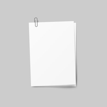 Realistic Several Sheets Of Paper And A Metal Paper Clip Isolated On Background. 3d Vector Illustration 