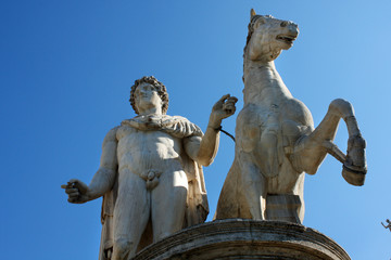 Statue of Castor with a horse in front of the Capitol Square, Rome, Italy.